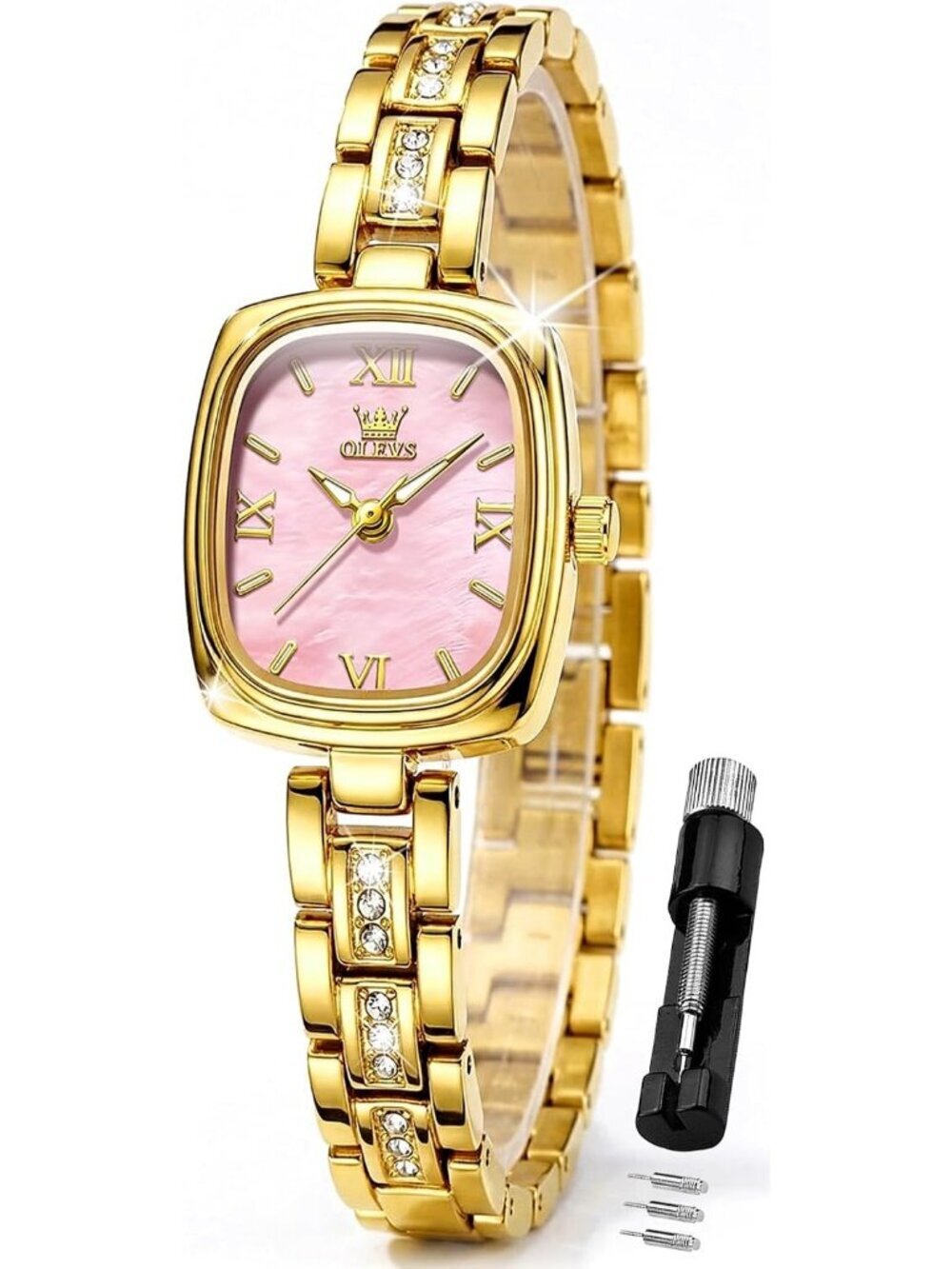 Women's Gold band /Pink dialDiamond Fashion Elegant Chronograph Cute Wrist Watch - Picture 1 of 6